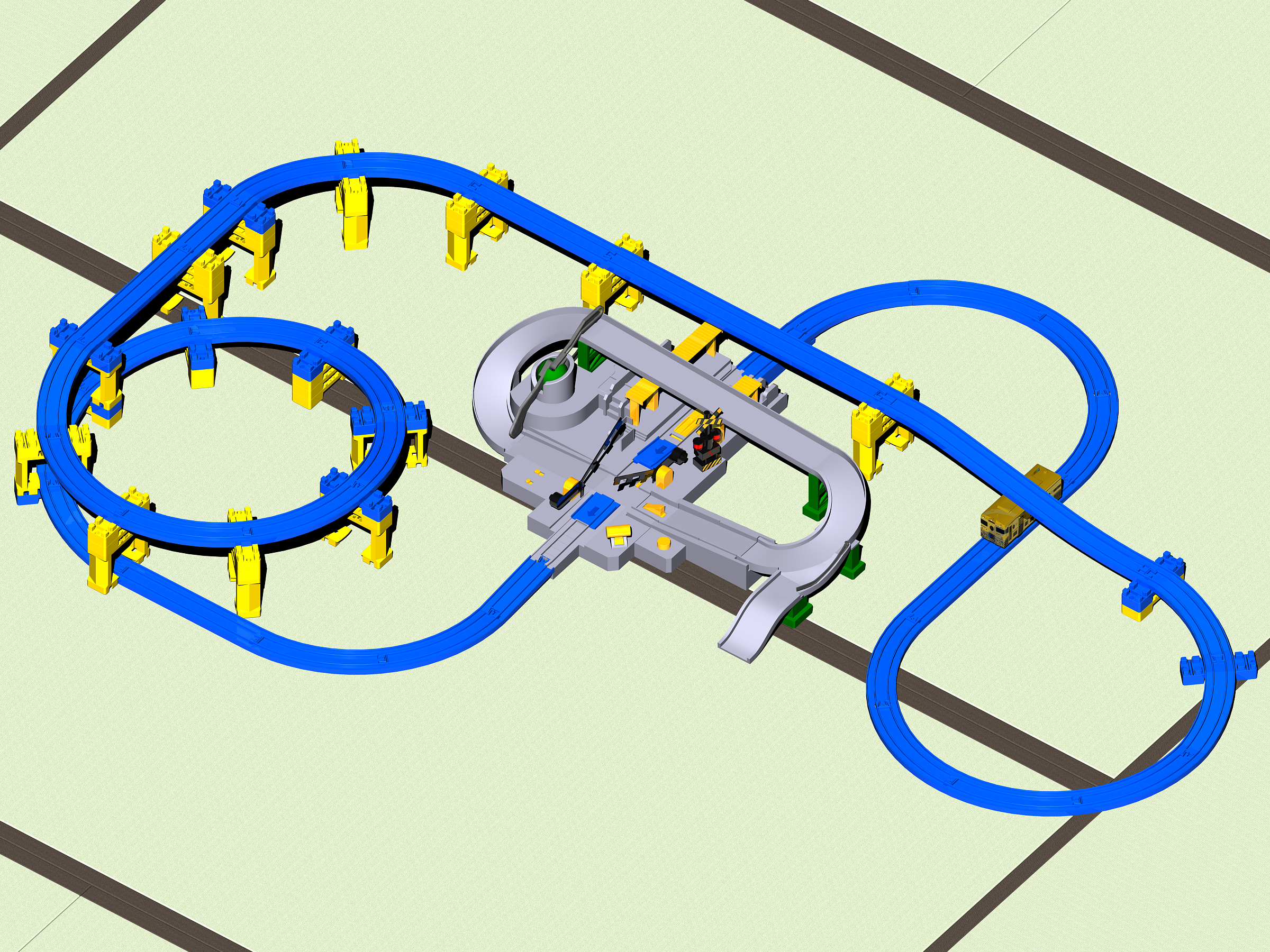 プラレールの電車をCGで表現して高架回避を分かりやすく表現するように